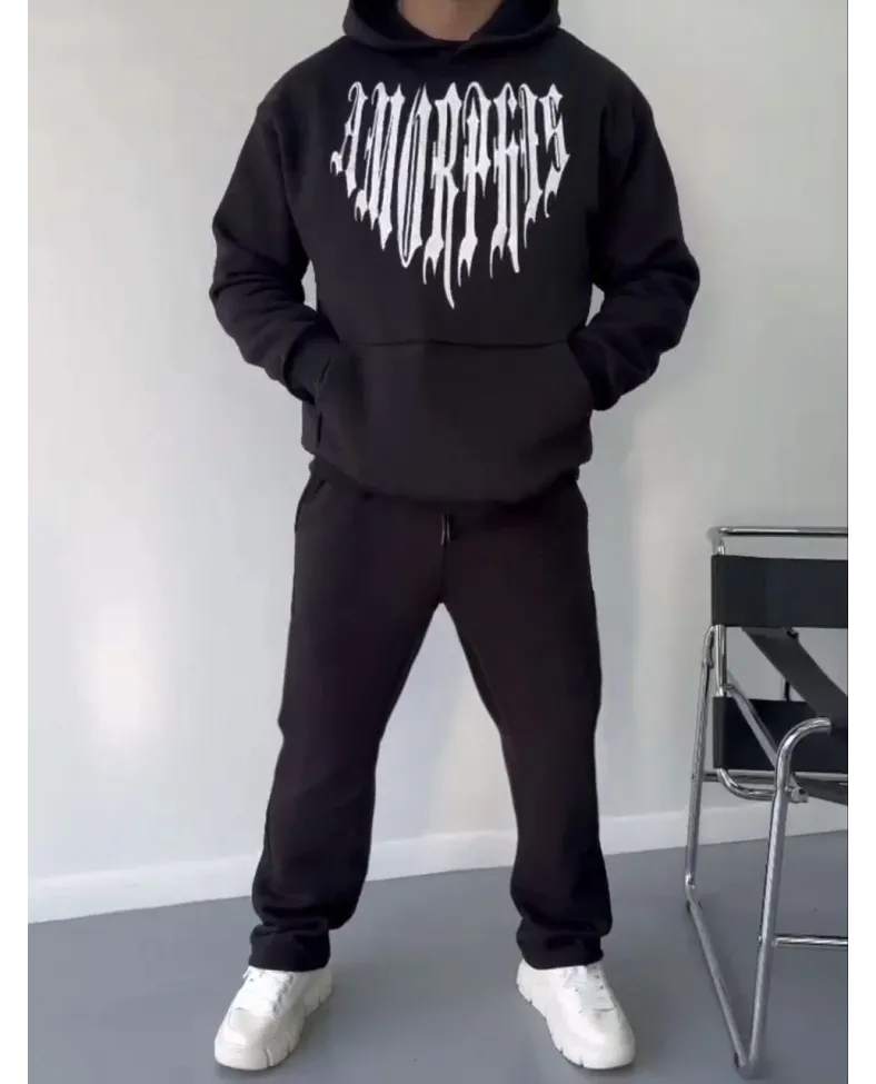 Uzun Kol Kapüşonlu Baskılı SweatShirt - Siyah