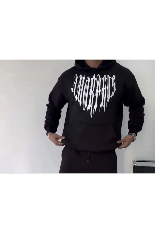 Uzun Kol Kapüşonlu Baskılı SweatShirt - Siyah