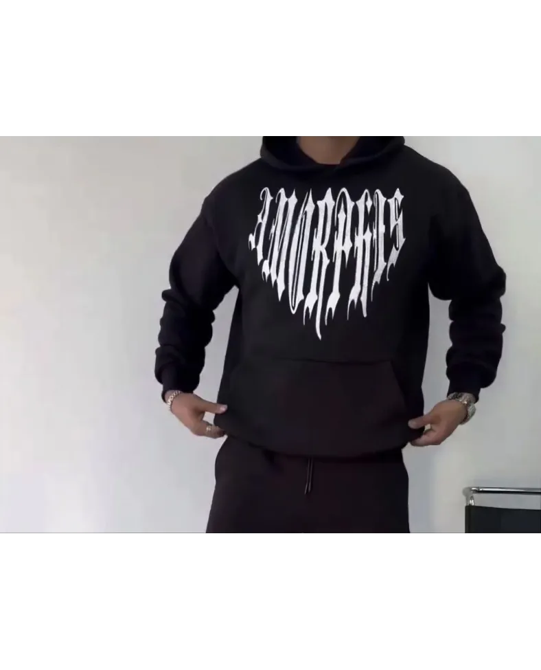 Uzun Kol Kapüşonlu Baskılı SweatShirt - Siyah