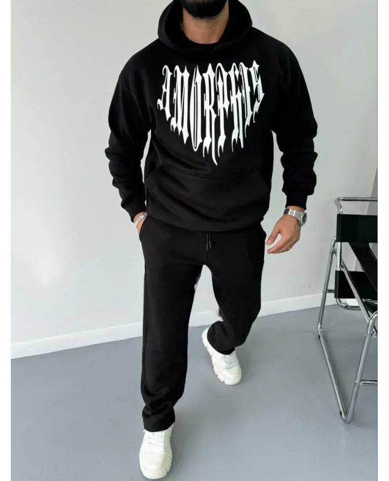 Uzun Kol Kapüşonlu Baskılı SweatShirt - Siyah