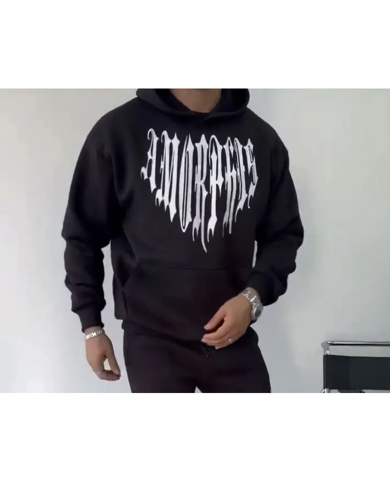 Uzun Kol Kapüşonlu Baskılı SweatShirt - Siyah