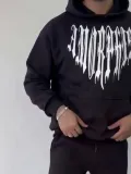 Uzun Kol Kapüşonlu Baskılı SweatShirt - Siyah