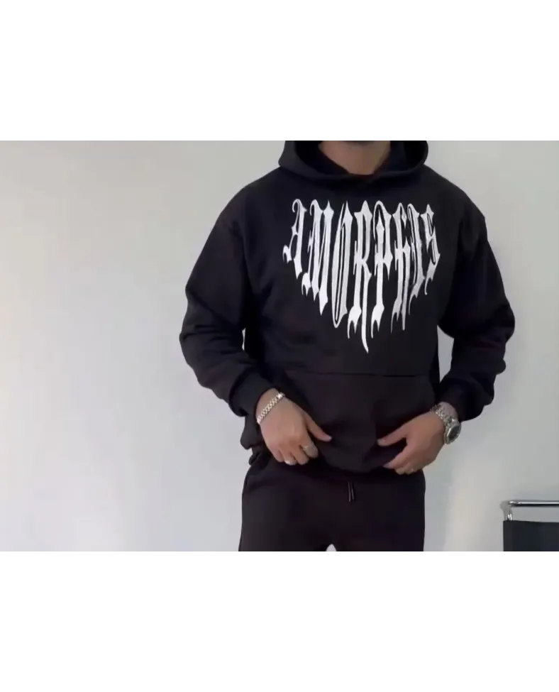 Uzun Kol Kapüşonlu Baskılı SweatShirt - Siyah