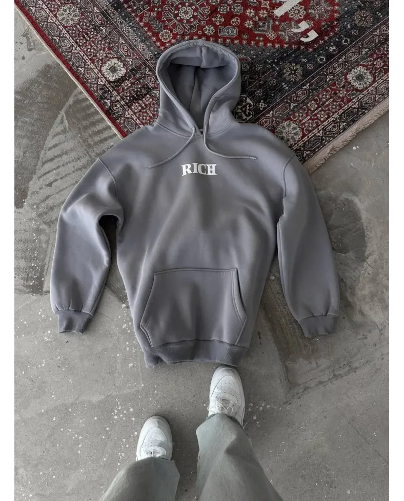 Uzun Kol Kapüşonlu Göğüs Baskılı SweatShirt - Gri