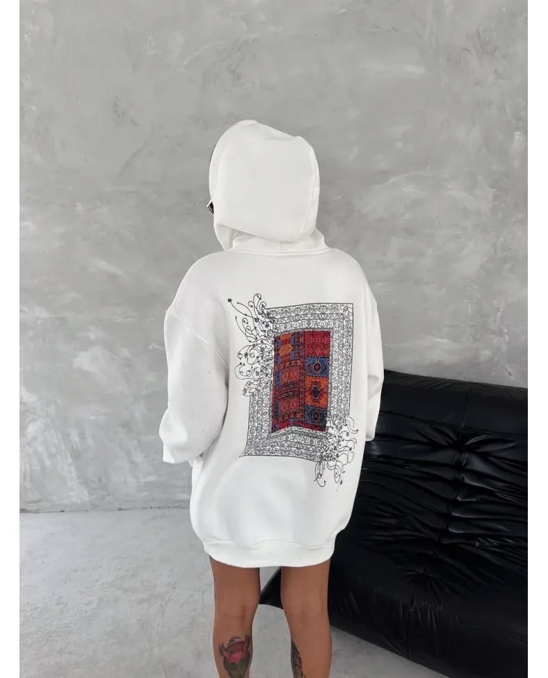 Uzun Kol Kapüşonlu Ön Ve Arka Baskılı SweatShirt - Beyaz