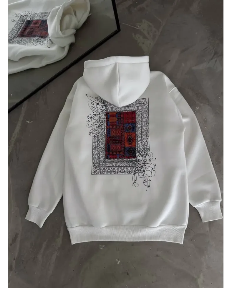 Uzun Kol Kapüşonlu Ön Ve Arka Baskılı SweatShirt - Beyaz