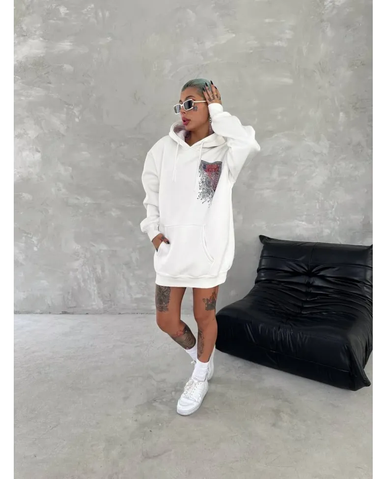 Uzun Kol Kapüşonlu Ön Ve Arka Baskılı SweatShirt - Beyaz