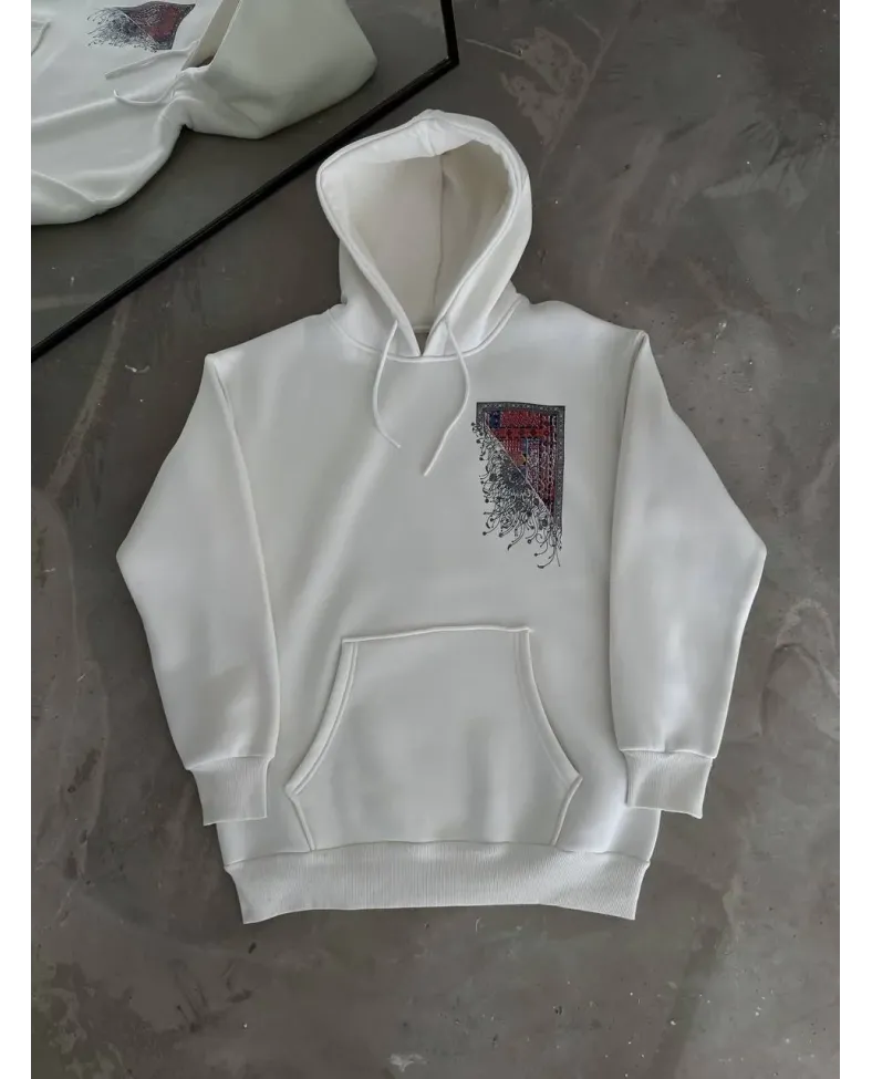 Uzun Kol Kapüşonlu Ön Ve Arka Baskılı SweatShirt - Beyaz