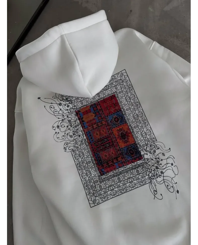 Uzun Kol Kapüşonlu Ön Ve Arka Baskılı SweatShirt - Beyaz