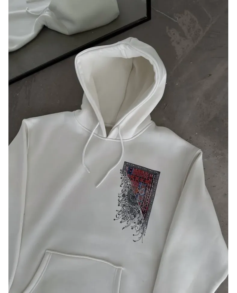Uzun Kol Kapüşonlu Ön Ve Arka Baskılı SweatShirt - Beyaz