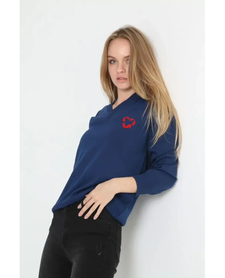 Kadın V Yaka Kazak Baskılı Dokuma Triko - İndigo Somersan Giyim | Kadın, Erkek ve Çocuk Moda