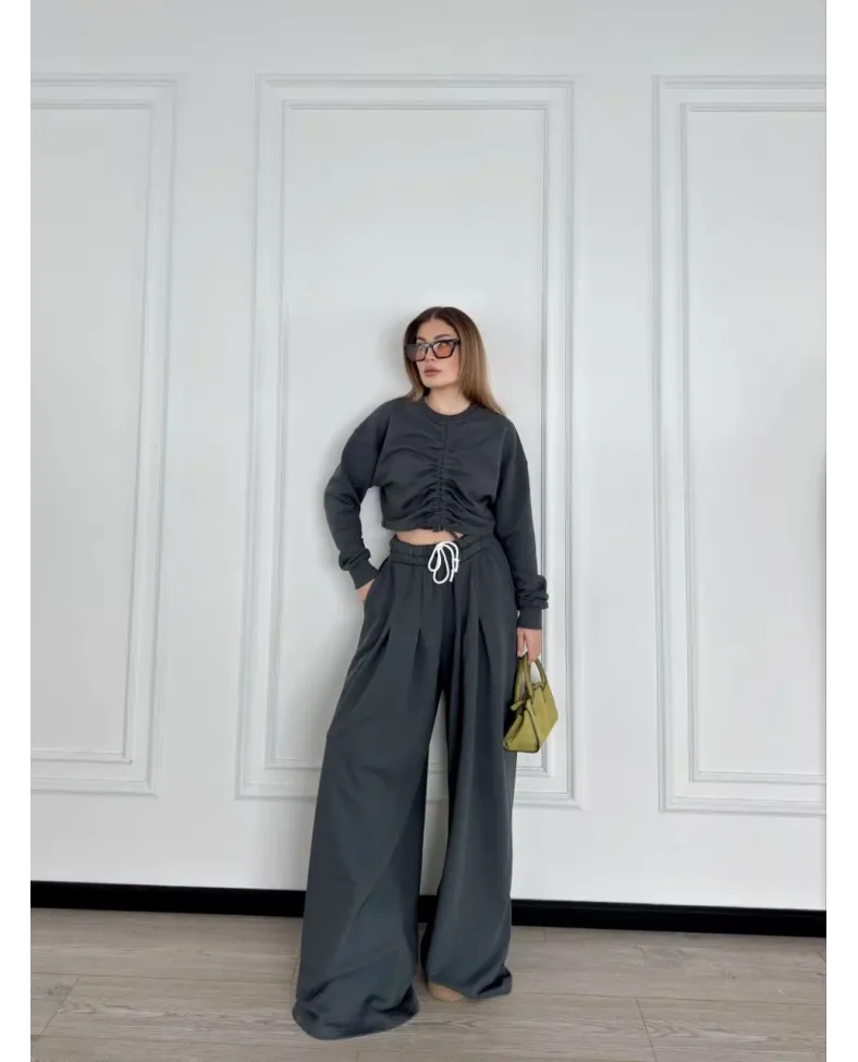 Uzun Kollu Önü İp Büzgülü Crop ve Pantolon İkili Takım - Antrasit