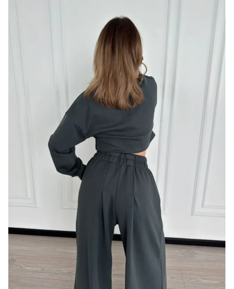 Uzun Kollu Önü İp Büzgülü Crop ve Pantolon İkili Takım - Antrasit