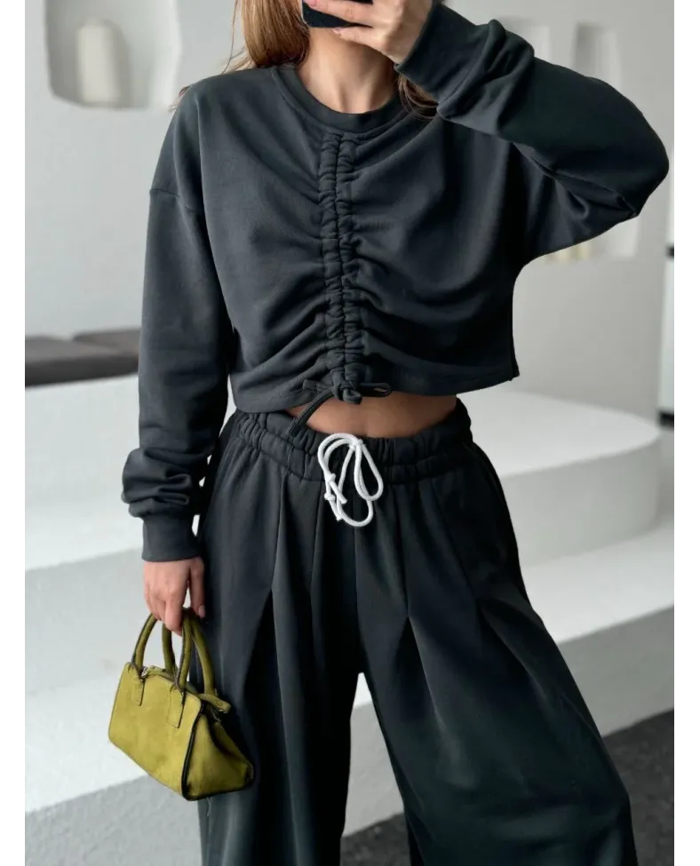 Uzun Kollu Önü İp Büzgülü Crop ve Pantolon İkili Takım - Antrasit