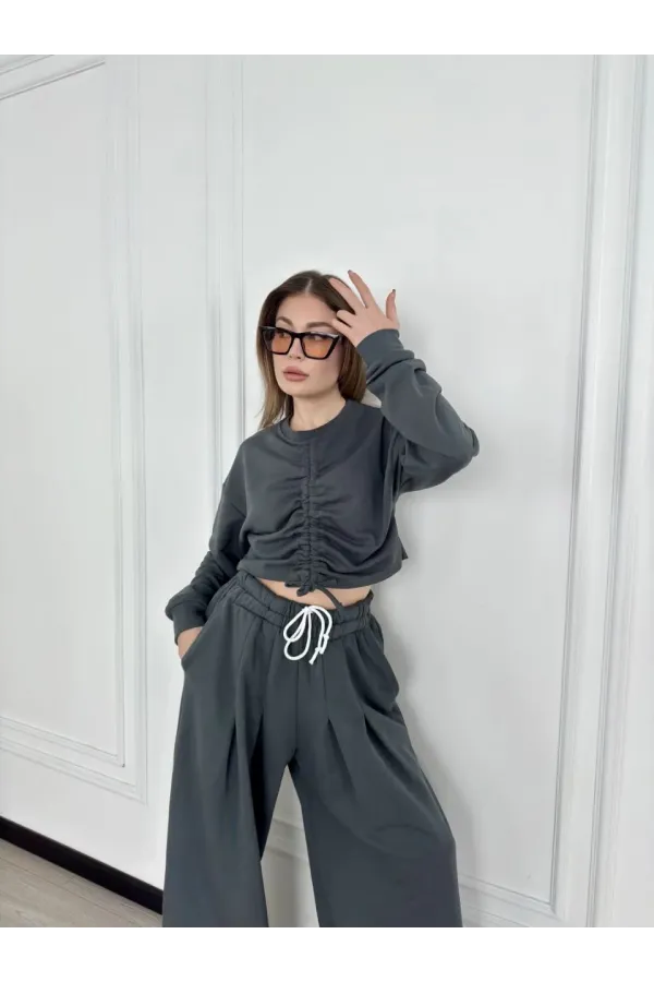 Uzun Kollu Önü İp Büzgülü Crop ve Pantolon İkili Takım - Antrasit