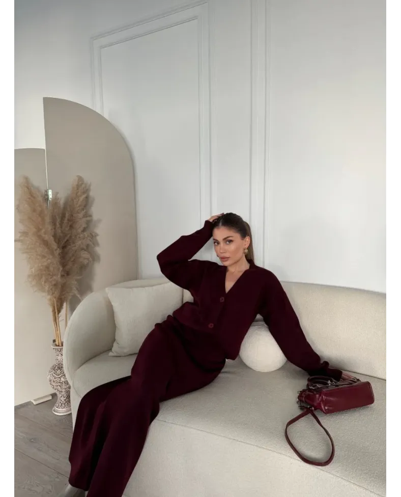 V Yaka 3 Düğmeli Hırka Takım Triko İkili Etekli - Bordo