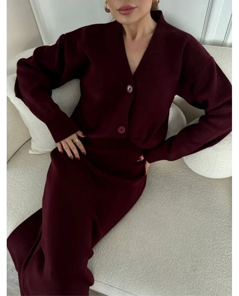 V Yaka 3 Düğmeli Hırka Takım Triko İkili Etekli - Bordo