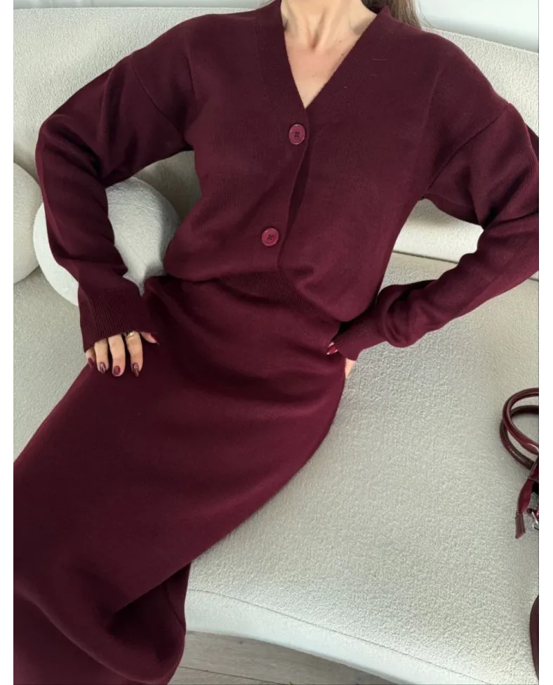 V Yaka 3 Düğmeli Hırka Takım Triko İkili Etekli - Bordo