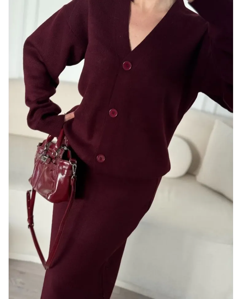 V Yaka 3 Düğmeli Hırka Takım Triko İkili Etekli - Bordo