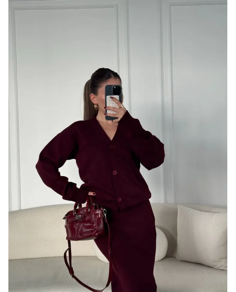 V Yaka 3 Düğmeli Hırka Takım Triko İkili Etekli - Bordo