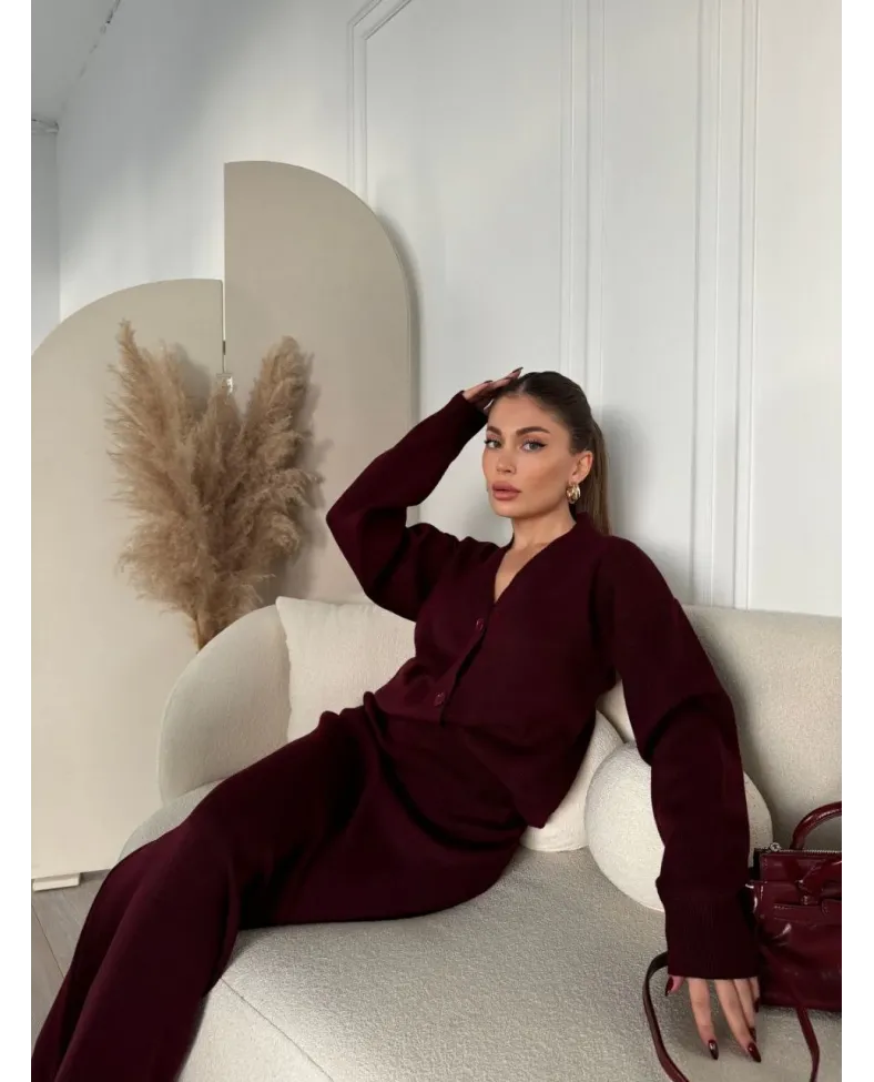 V Yaka 3 Düğmeli Hırka Takım Triko İkili Etekli - Bordo