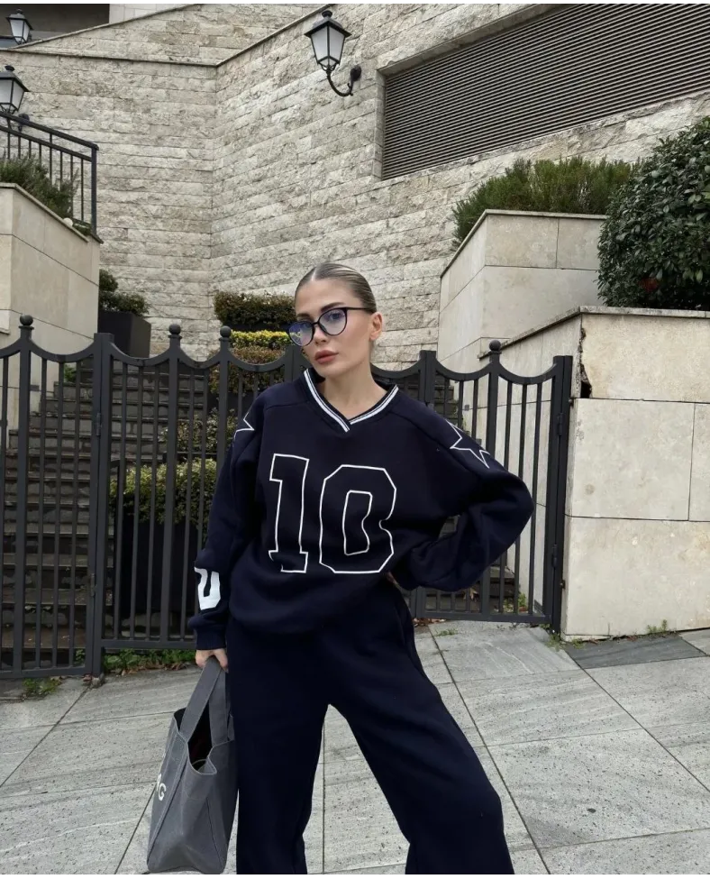 V Yaka Üç İplik Sweat Takım - Siyah