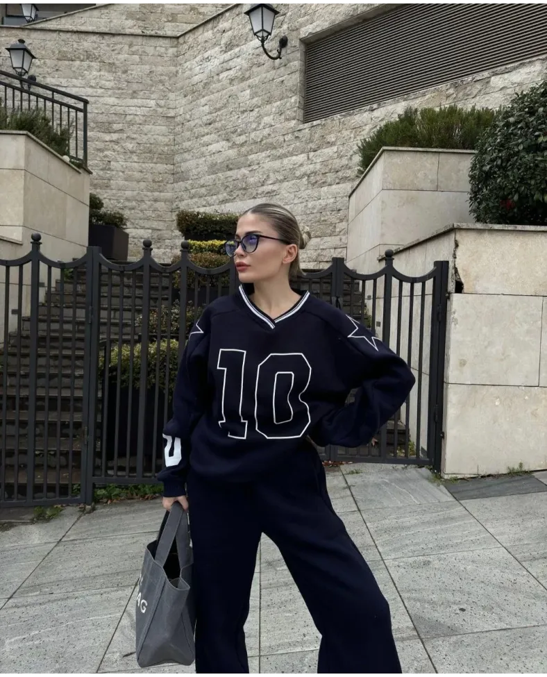 V Yaka Üç İplik Sweat Takım - Siyah