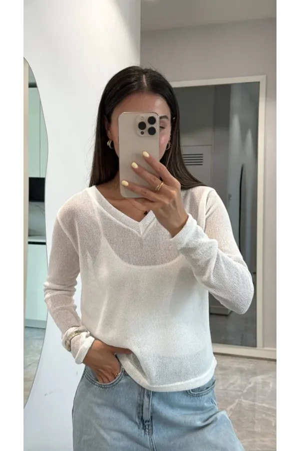 V Yaka uzun Kollu Triko ince Bluz - Beyaz