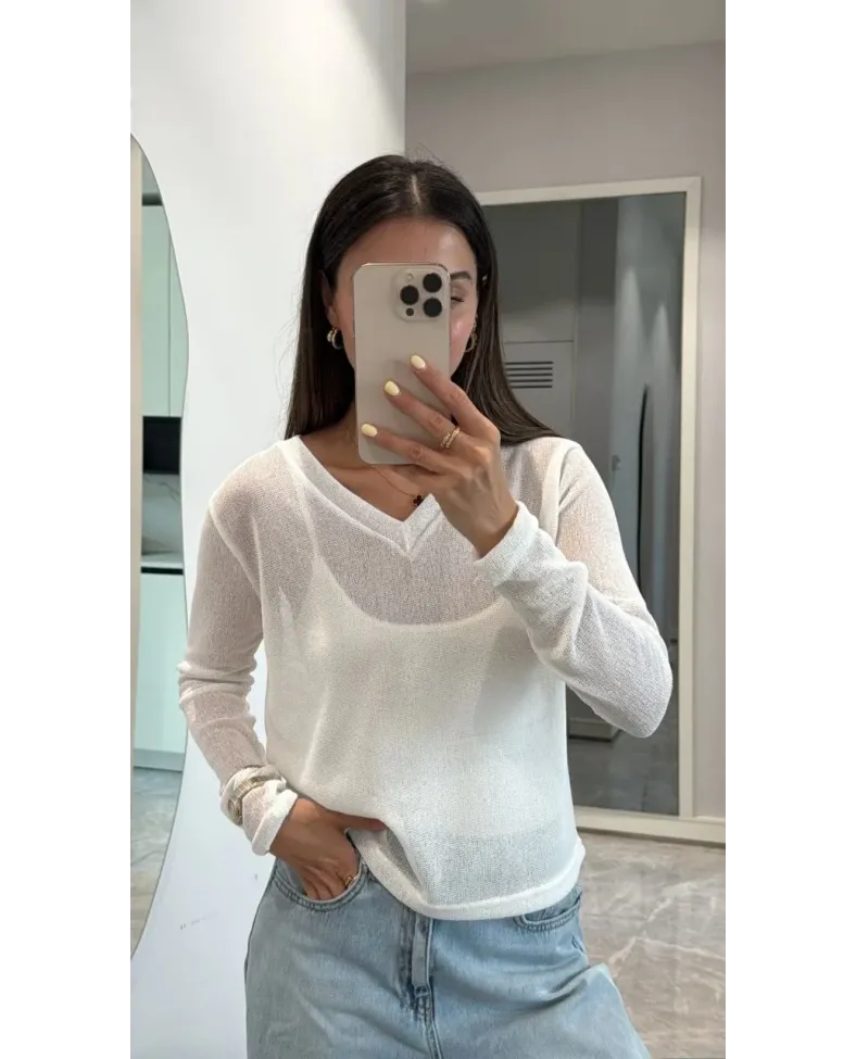 V Yaka uzun Kollu Triko ince Bluz - Beyaz