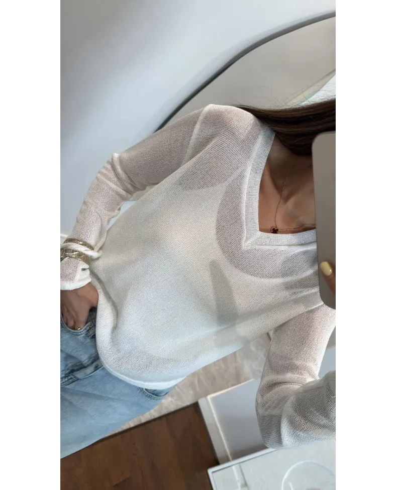 V Yaka uzun Kollu Triko ince Bluz - Beyaz