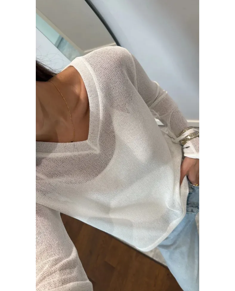 V Yaka uzun Kollu Triko ince Bluz - Beyaz