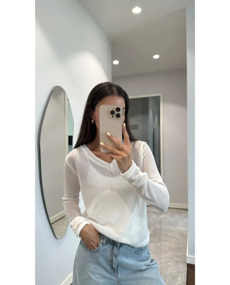 V Yaka uzun Kollu Triko ince Bluz - Beyaz