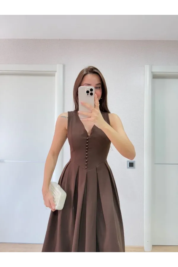 V yaka Krep Arka Ön Pens Detaylı Uzun Kolsuz Elbise - Kahverengi