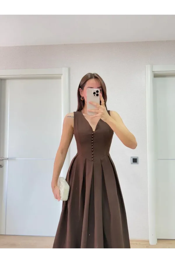 V yaka Krep Arka Ön Pens Detaylı Uzun Kolsuz Elbise - Kahverengi