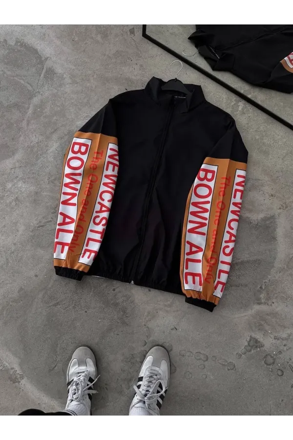 Unisex Vintage Baskılı Paraşüt Rüzgarlık - Siyah