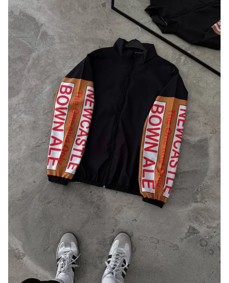 Unisex Vintage Baskılı Paraşüt Rüzgarlık - Siyah