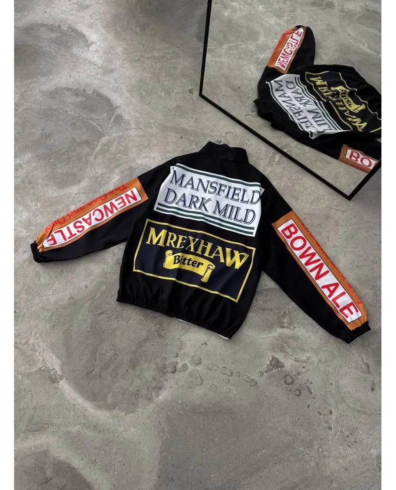 Unisex Vintage Baskılı Paraşüt Rüzgarlık - Siyah