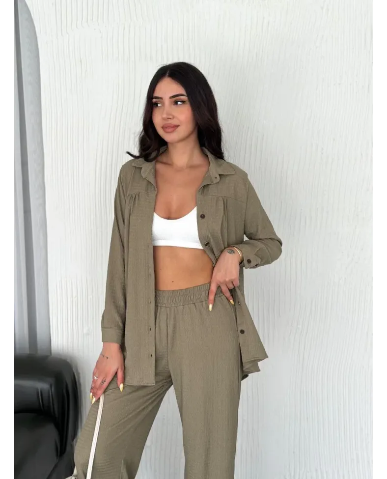 Yakalı Düğmeli Uzun Kollu Gömlek Pantolon ikili Takım - Bej