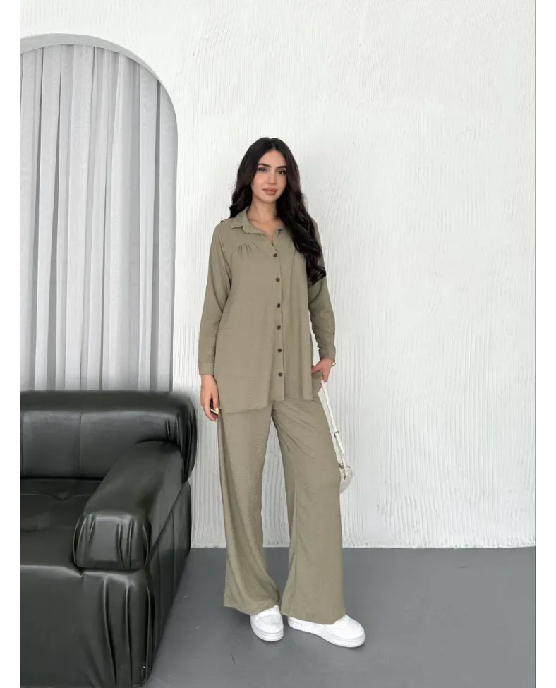 Yakalı Düğmeli Uzun Kollu Gömlek Pantolon ikili Takım - Bej