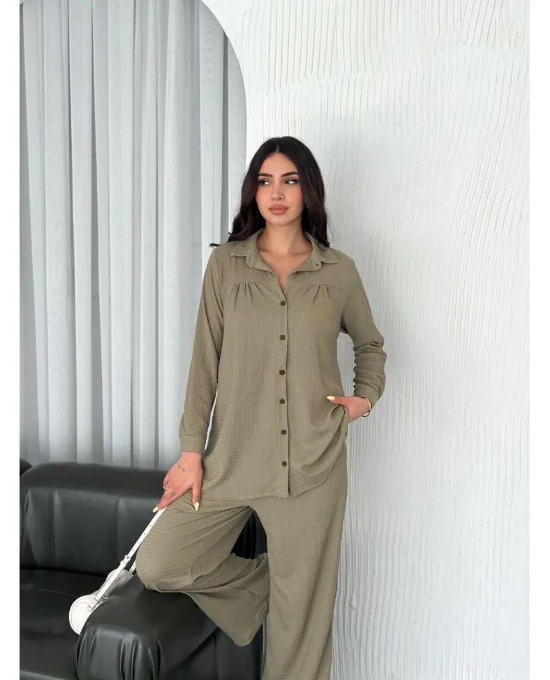 Yakalı Düğmeli Uzun Kollu Gömlek Pantolon ikili Takım - Bej