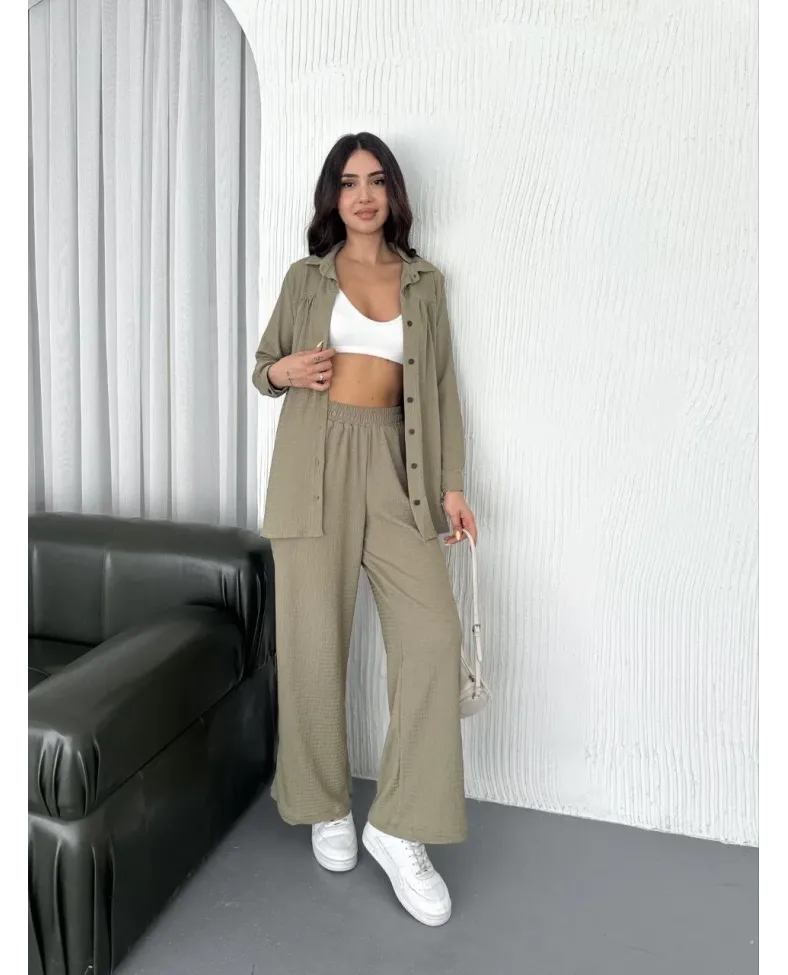 Yakalı Düğmeli Uzun Kollu Gömlek Pantolon ikili Takım - Bej