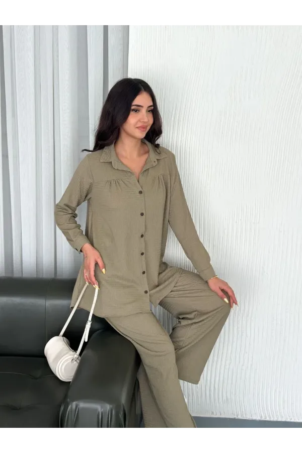 Yakalı Düğmeli Uzun Kollu Gömlek Pantolon ikili Takım - Bej