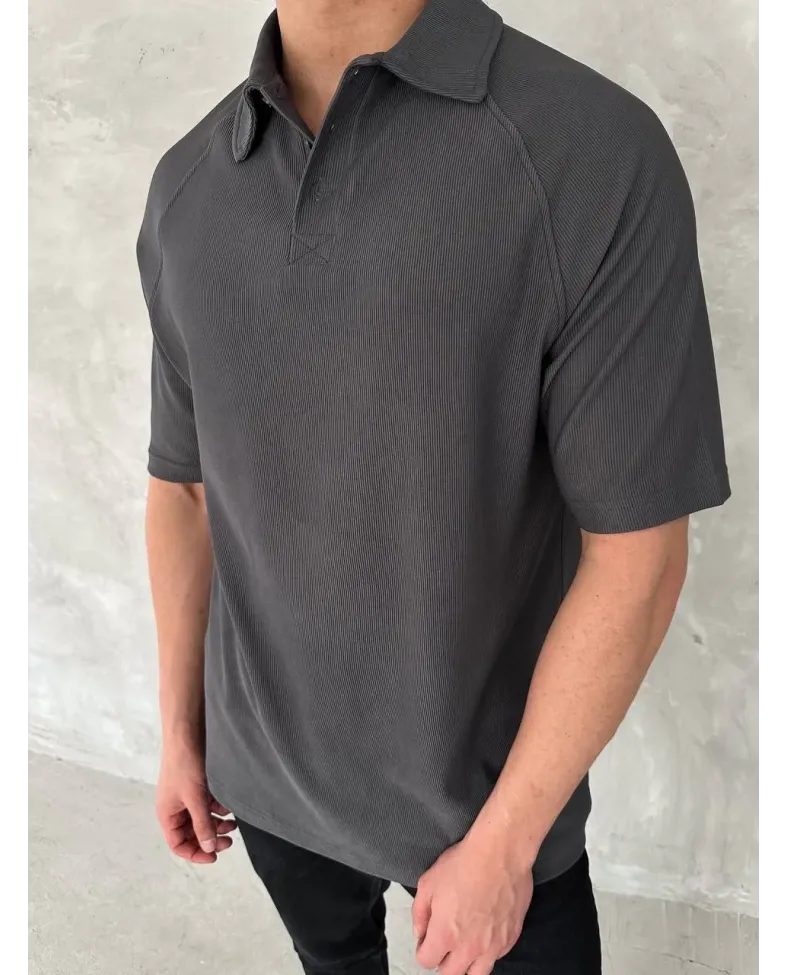 Yakalı Patlı Kısa Kol T-shirt - Antrasit