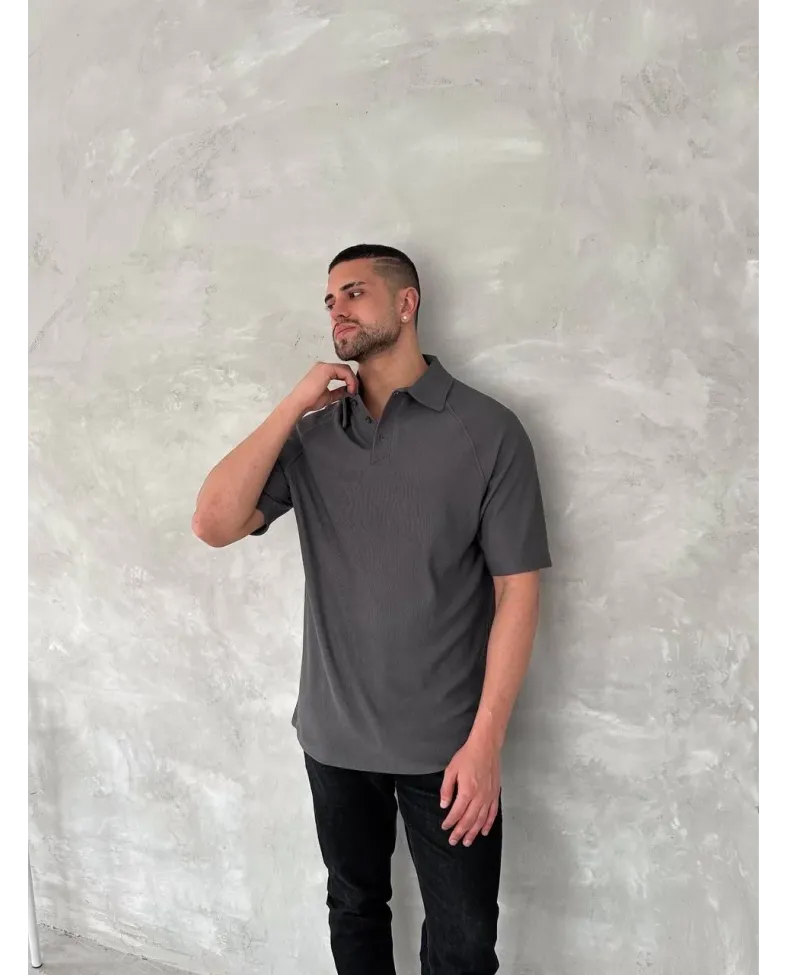 Yakalı Patlı Kısa Kol T-shirt - Antrasit