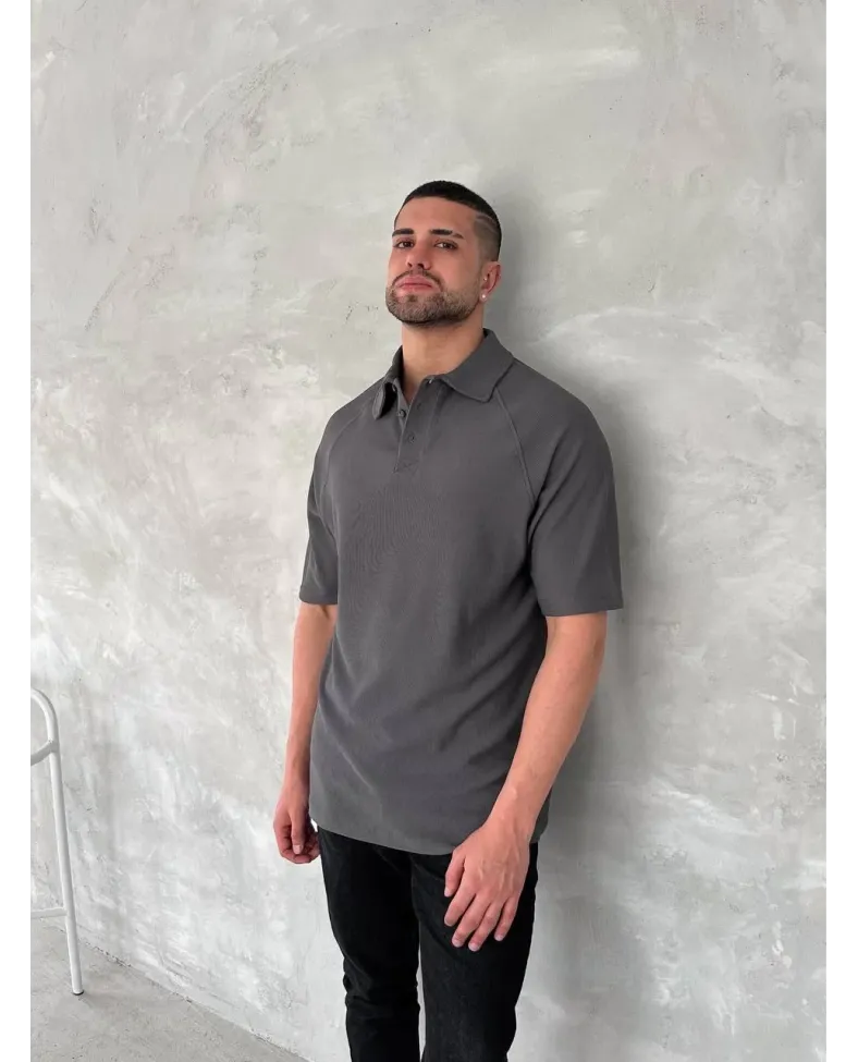 Yakalı Patlı Kısa Kol T-shirt - Antrasit