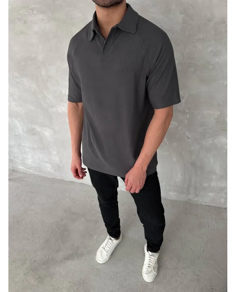 Yakalı Patlı Kısa Kol T-shirt - Antrasit