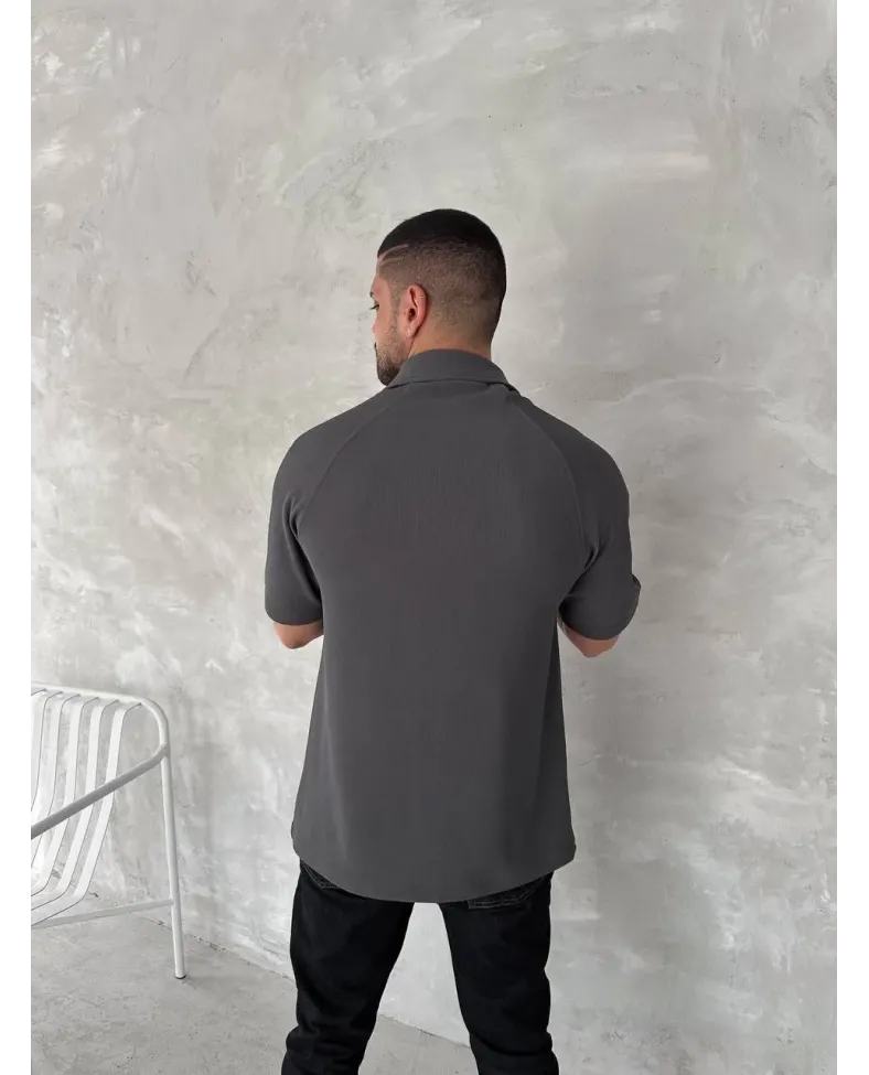 Yakalı Patlı Kısa Kol T-shirt - Antrasit