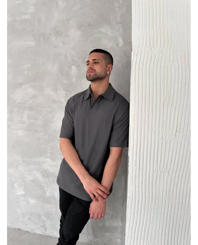 Yakalı Patlı Kısa Kol T-shirt - Antrasit