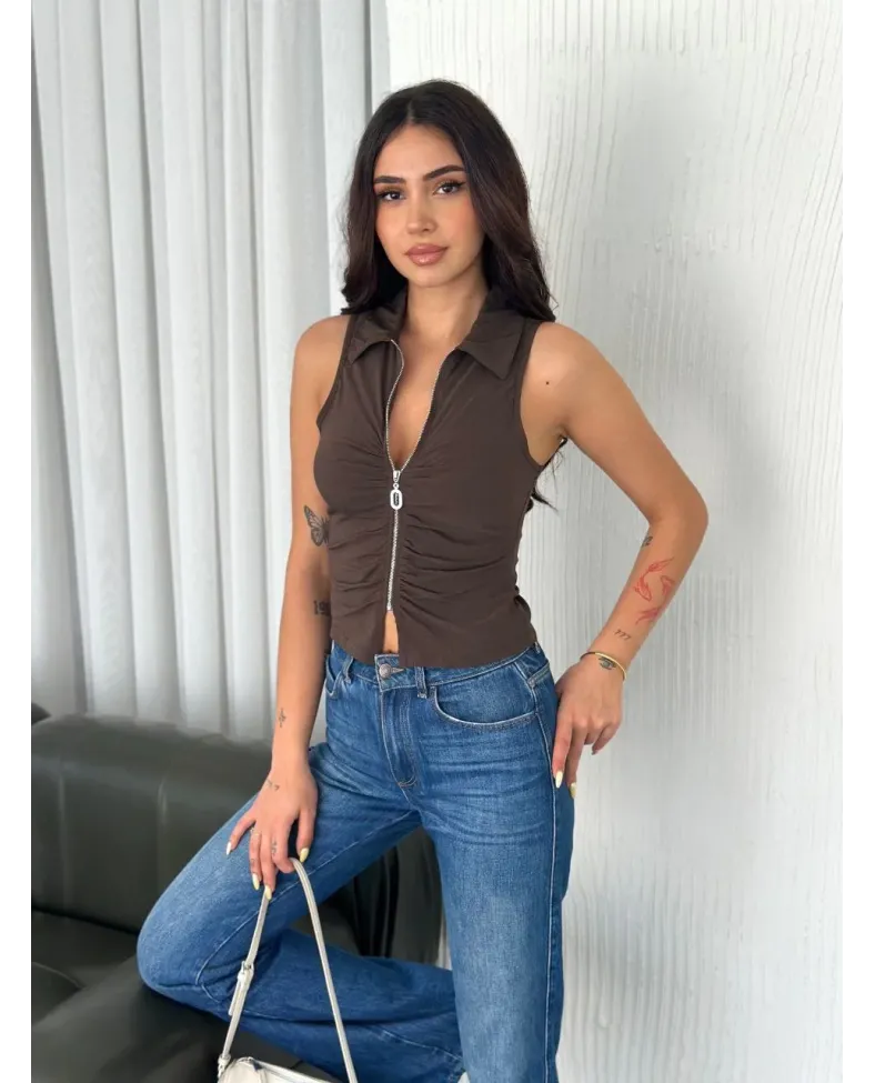 Kadın Yakalı Tam Fermuarlı Kolsuz Bluz - Kahverengi