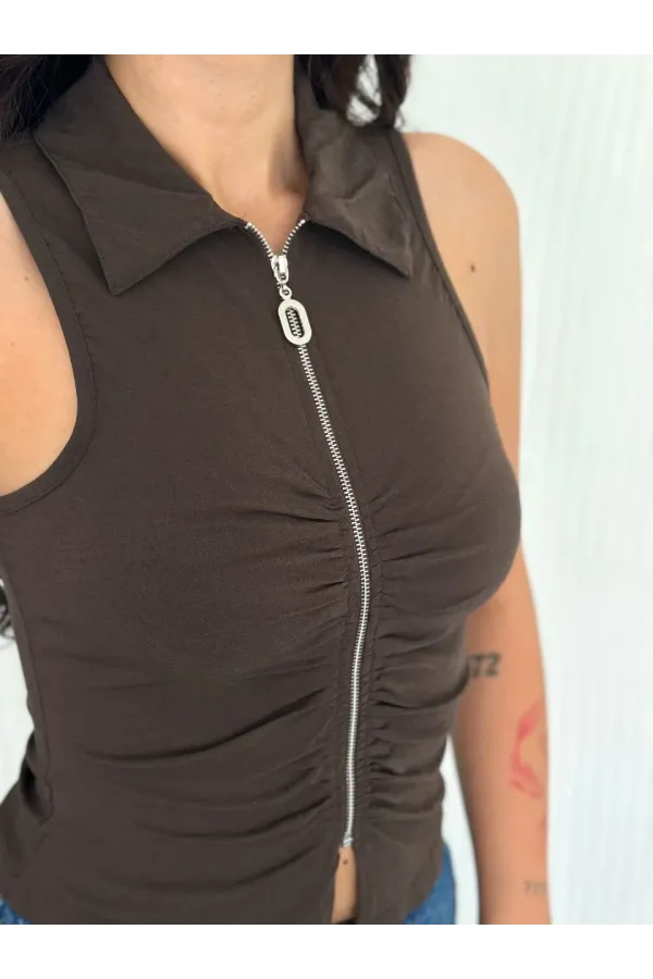 Kadın Yakalı Tam Fermuarlı Kolsuz Bluz - Kahverengi